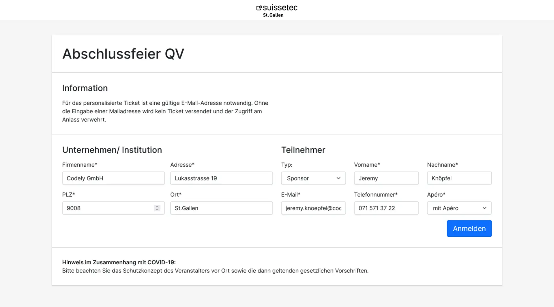 Anmeldeformular für die Abschlussfeier QV